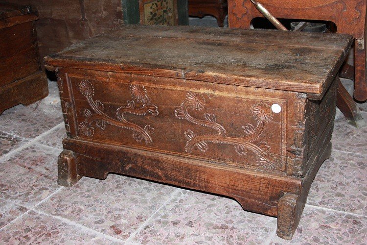 French Chest From The Early 1800s, Rustic Style, Intricately Carved Walnut Wood