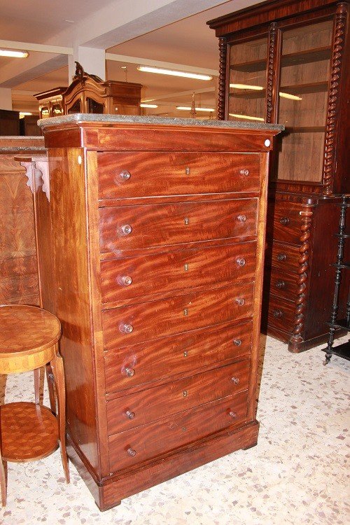 French Weekly Chest From The Second Half Of The 19th Century, Made Of Mahogany Wood And Mahogan