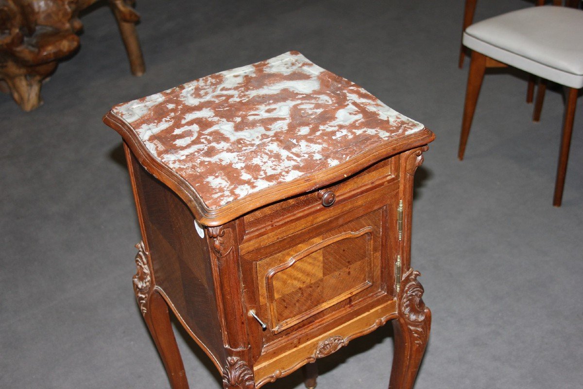 French Bedside Table In Louis Philippe Style With Carvings And Marble Top-photo-2