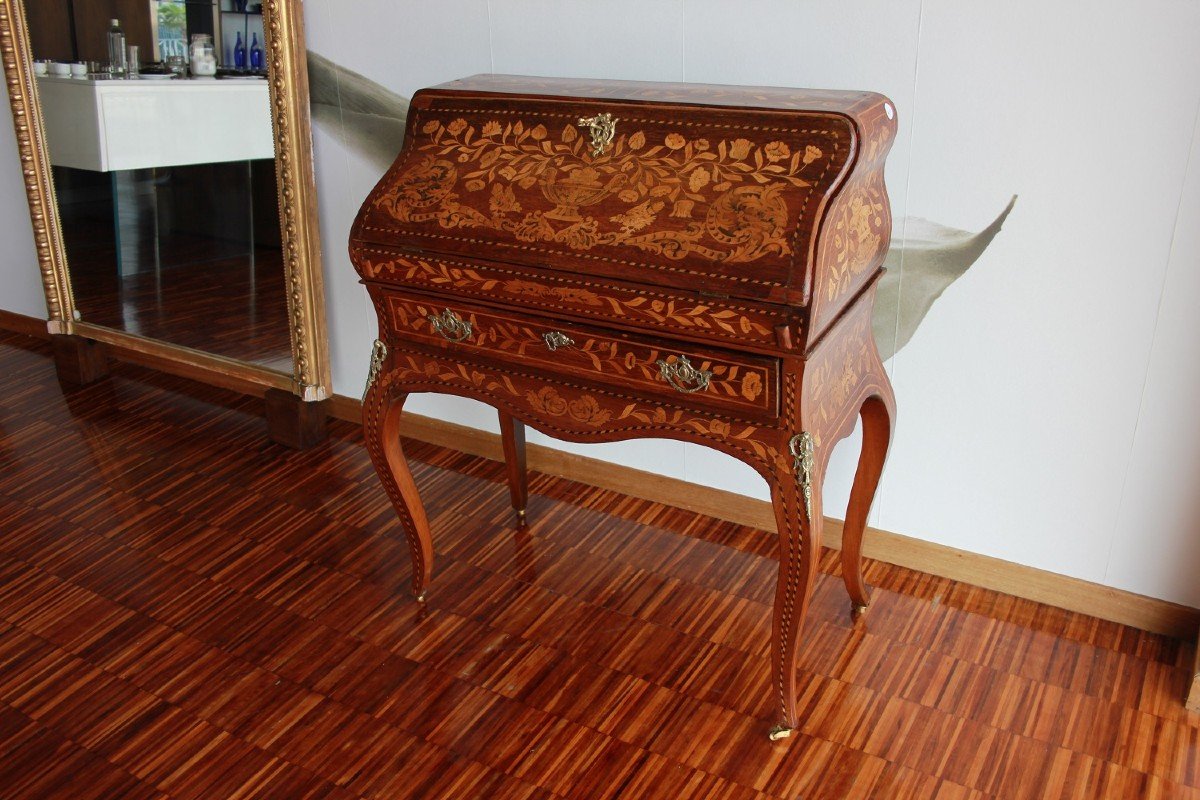 Dutch Bureau Writing Desk In Louis XV Style From The Late 1700s, Richly Inlaid-photo-2