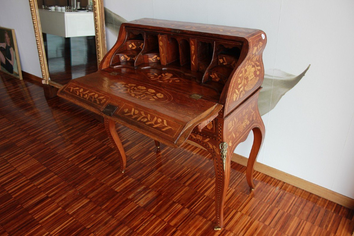 Dutch Bureau Writing Desk In Louis XV Style From The Late 1700s, Richly Inlaid-photo-3