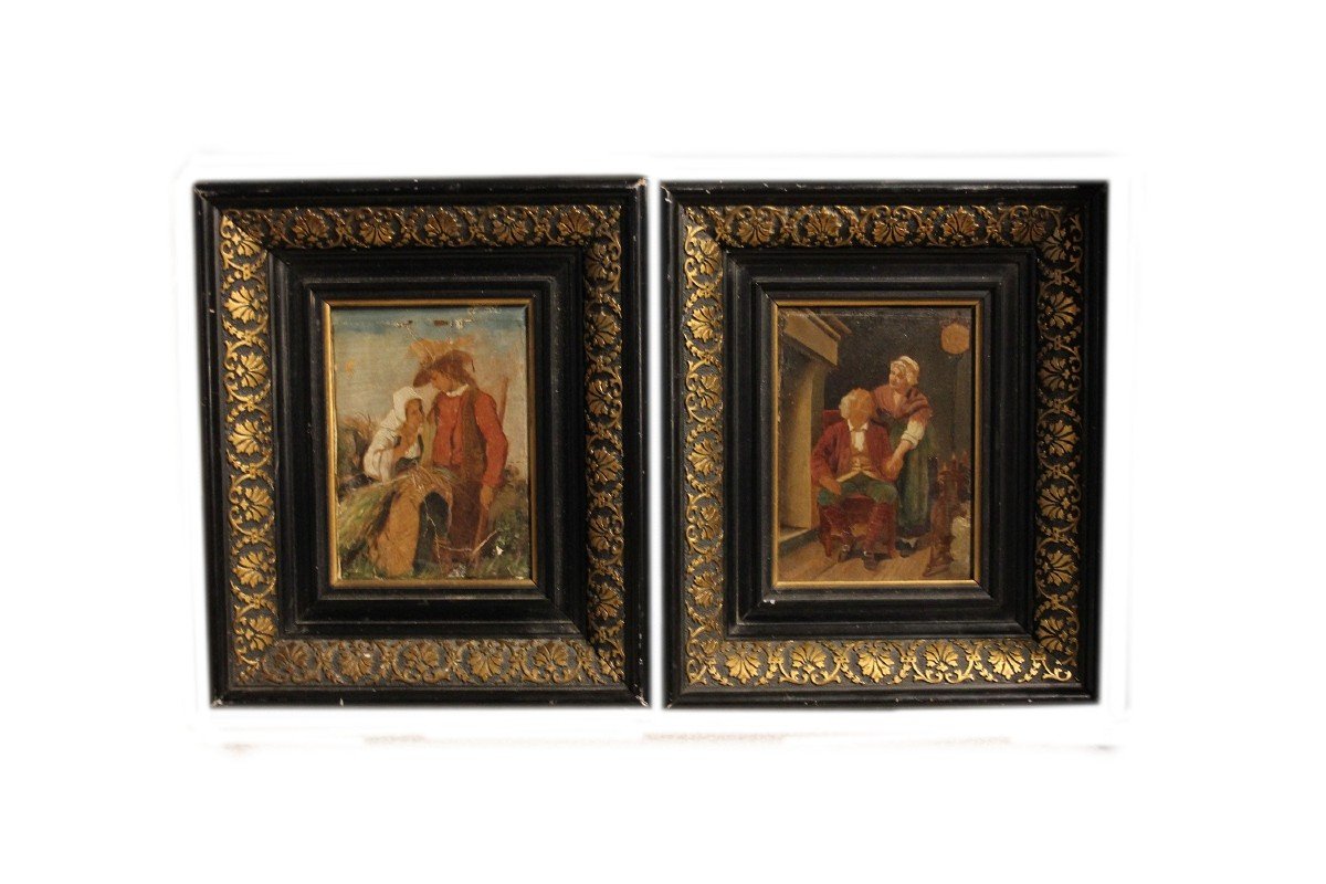 Pair Of Small French Oil Paintings On Panels From The 1800s Depicting Everyday Life Scenes