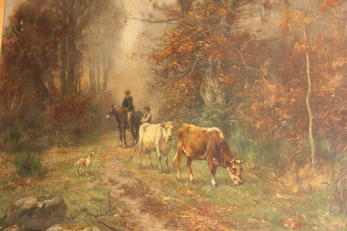Large French Oil On Canvas From The 1800s Depicting A Forest Scene With Characters-photo-3