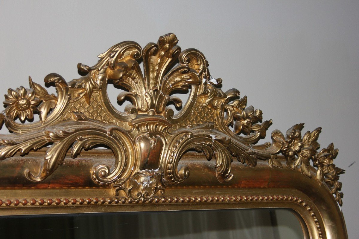Grande Miroir Française De Style Louis XVI En Bois Doré à La Feuille d'Or-photo-4