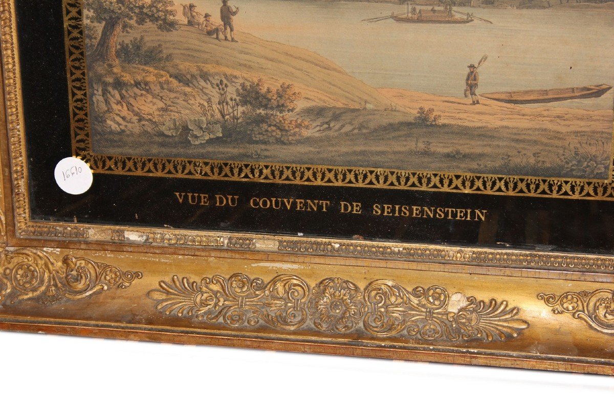 Paire De Deux Gravures Couleur Encadrées De Dorures Et De Verre Peint Du XIXe Siècle-photo-4