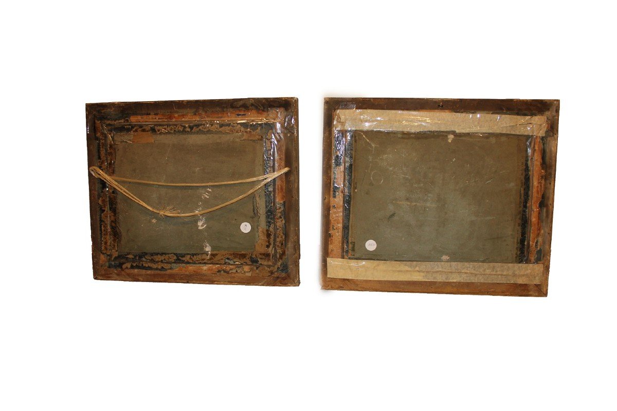 Paire De Deux Gravures Couleur Encadrées De Dorures Et De Verre Peint Du XIXe Siècle-photo-8