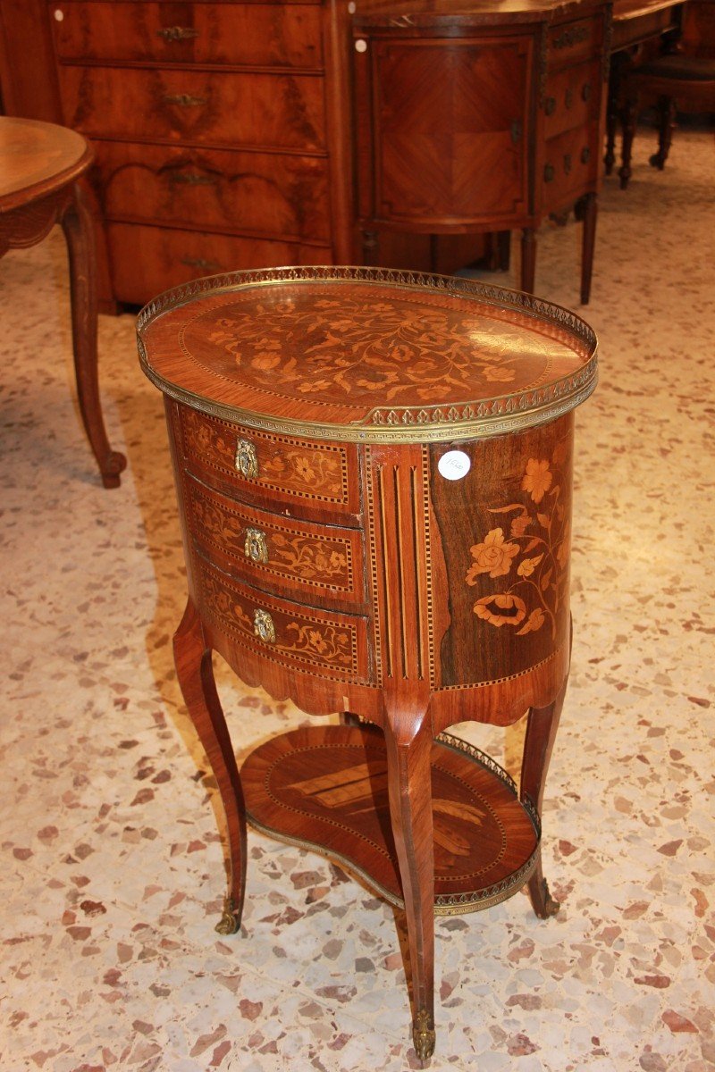 Richly Inlaid French Oval Side Table With Drawers From The 1800s-photo-2