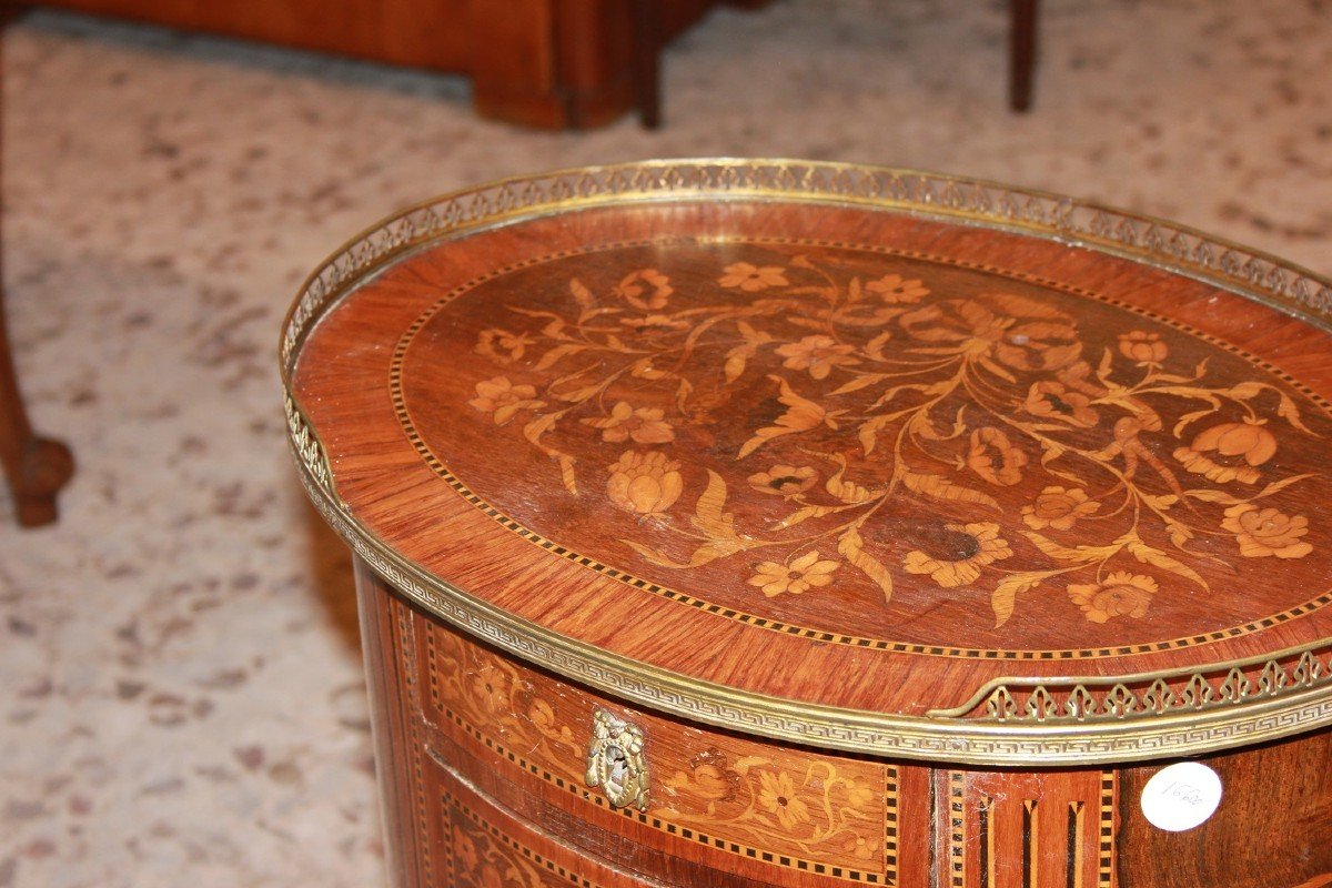 Richly Inlaid French Oval Side Table With Drawers From The 1800s-photo-3