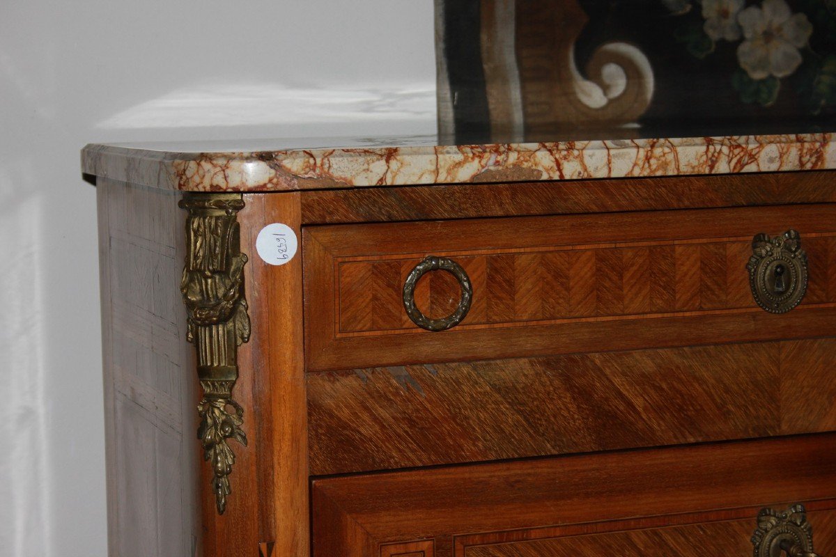 French Secretary Desk Chest In Bois De Rose Wood Transition Style With Marble And Bronzes, 19th-photo-2