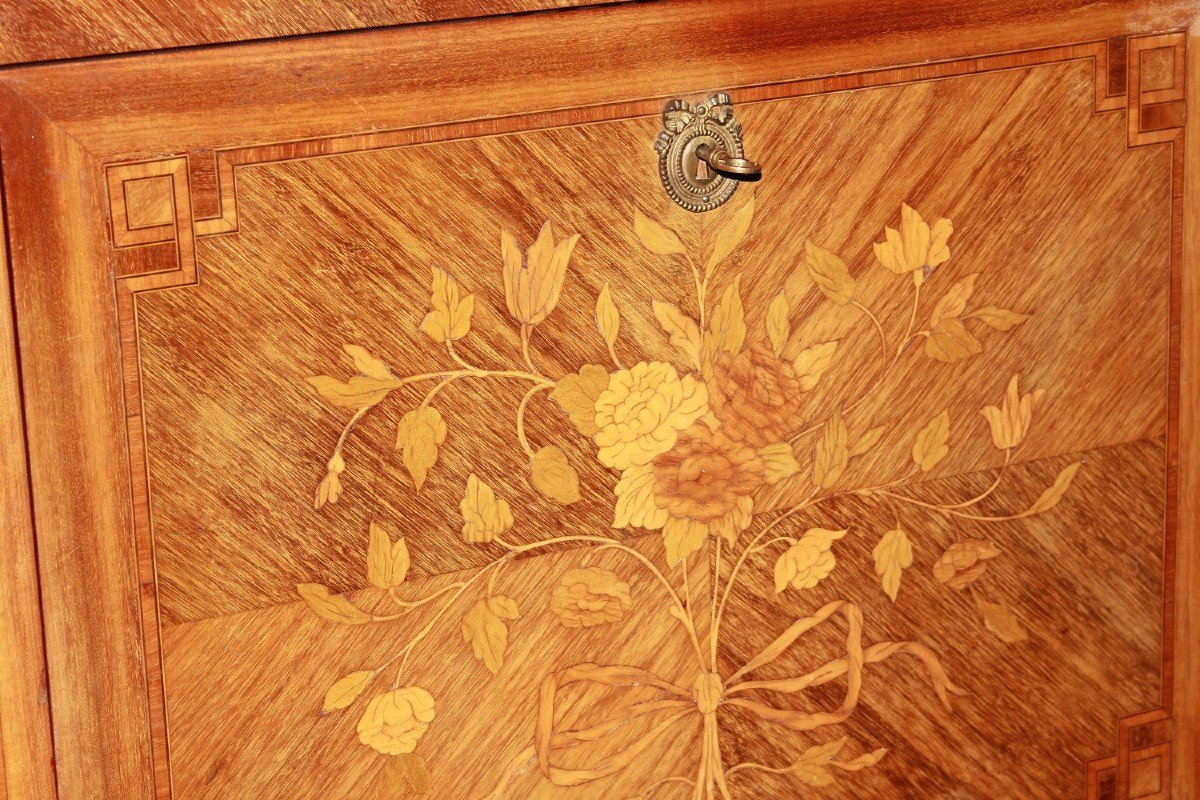 French Secretary Desk Chest In Bois De Rose Wood Transition Style With Marble And Bronzes, 19th-photo-3