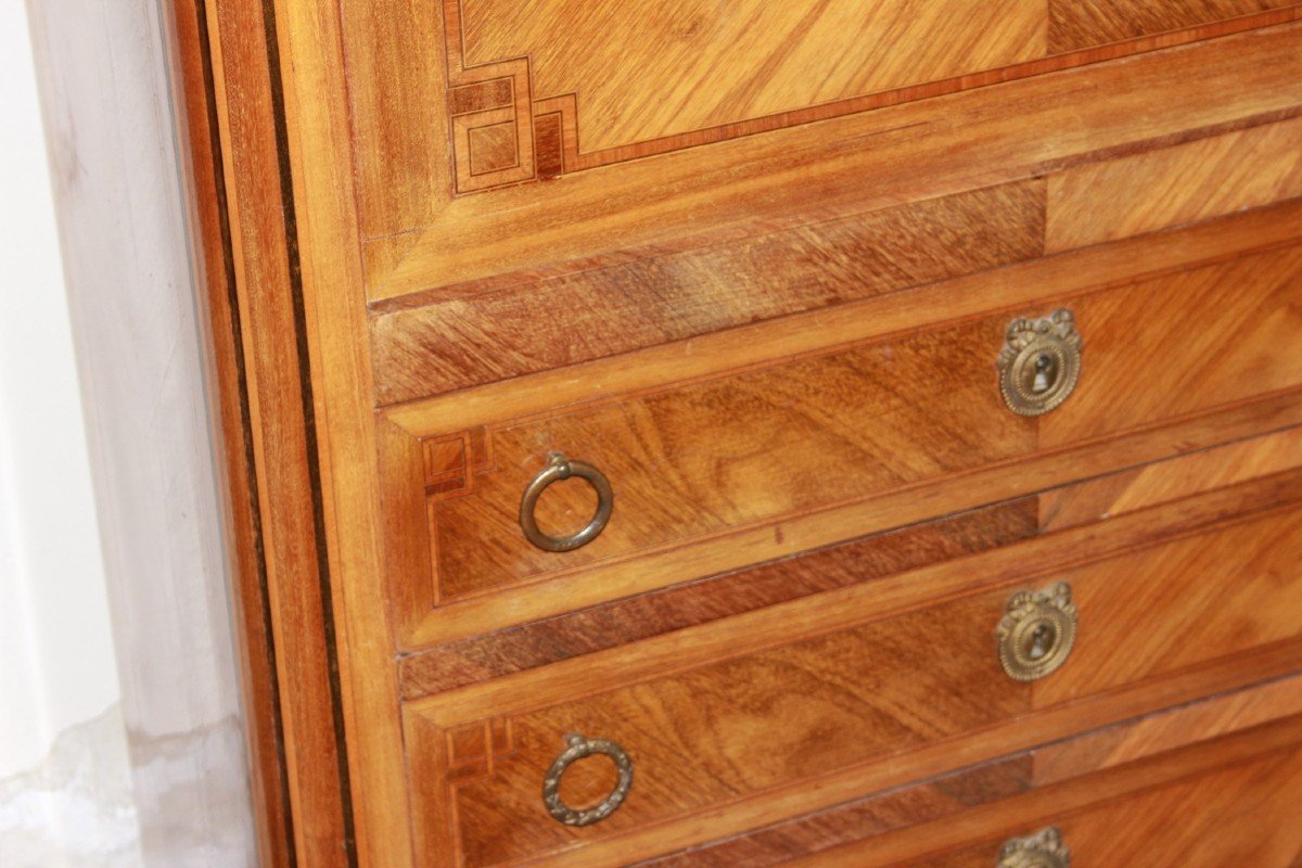 French Secretary Desk Chest In Bois De Rose Wood Transition Style With Marble And Bronzes, 19th-photo-4