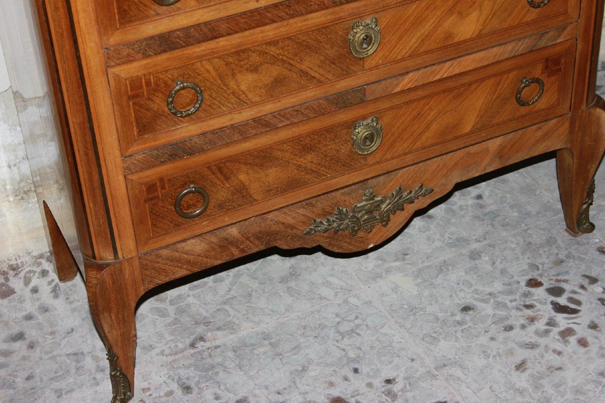 French Secretary Desk Chest In Bois De Rose Wood Transition Style With Marble And Bronzes, 19th-photo-1