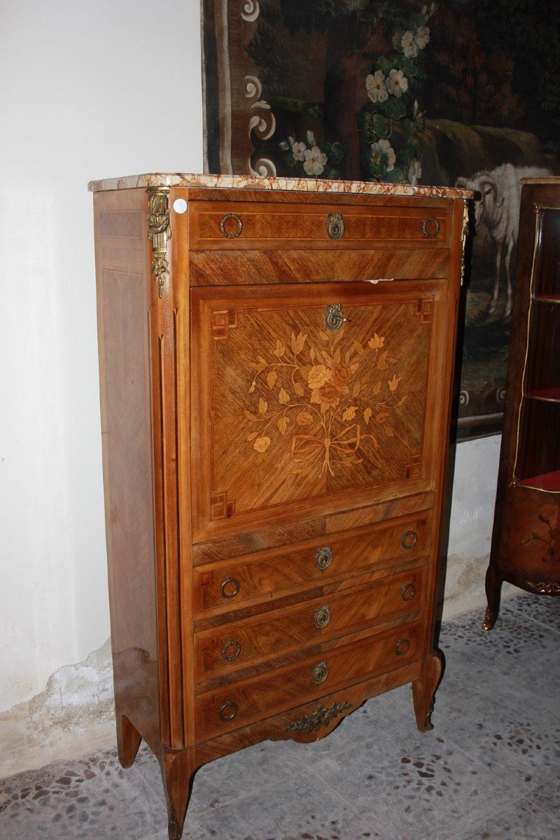 French Secretary Desk Chest In Bois De Rose Wood Transition Style With Marble And Bronzes, 19th-photo-2