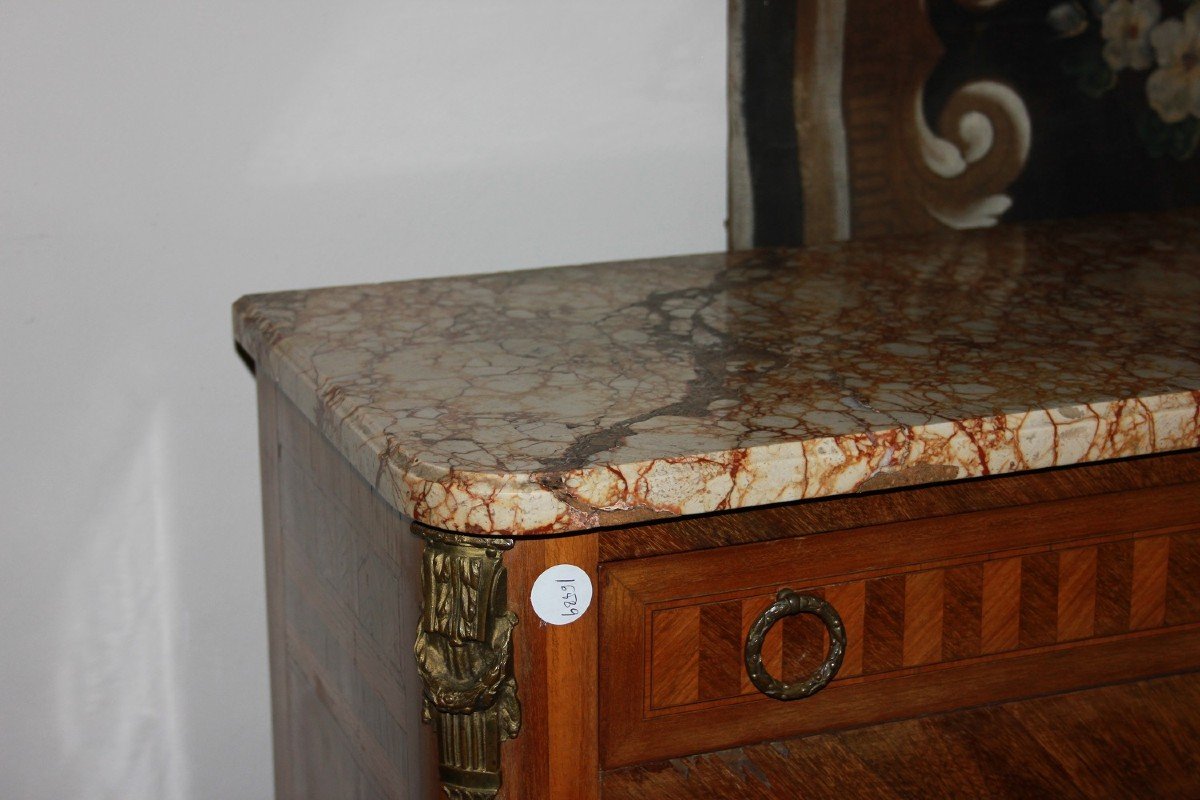 French Secretary Desk Chest In Bois De Rose Wood Transition Style With Marble And Bronzes, 19th-photo-3