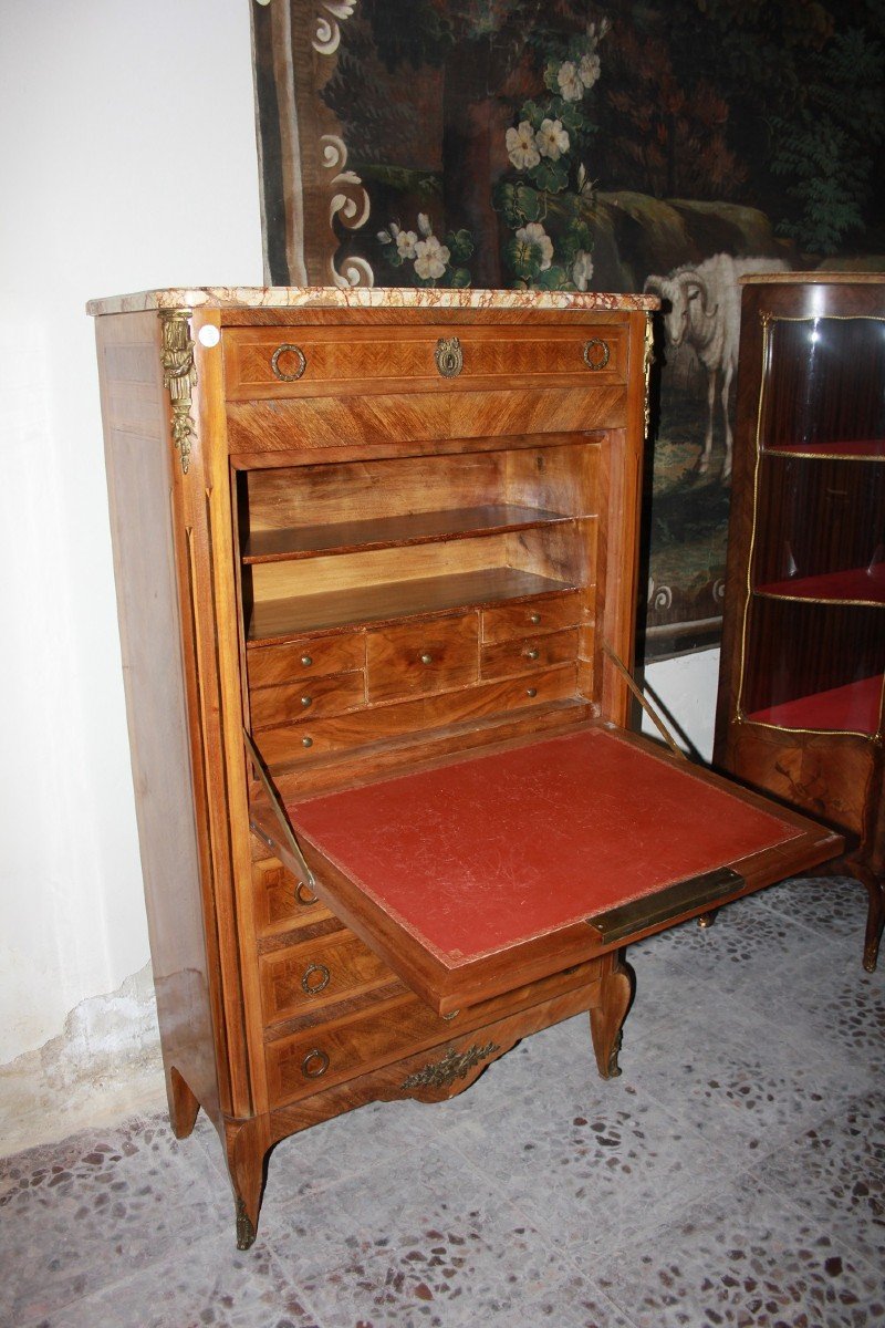 French Secretary Desk Chest In Bois De Rose Wood Transition Style With Marble And Bronzes, 19th-photo-4