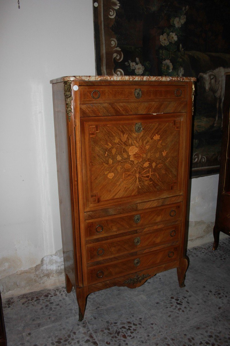 French Secretary Desk Chest In Bois De Rose Wood Transition Style With Marble And Bronzes, 19th