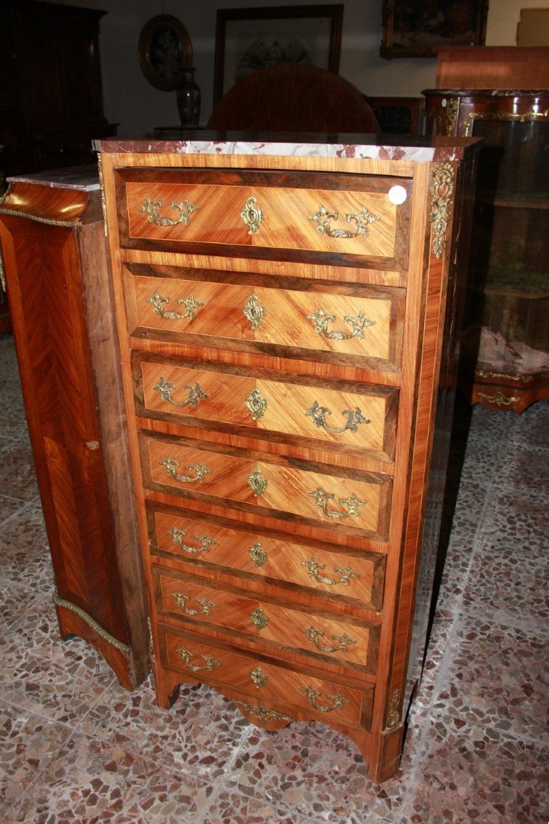 French Napoleon III Style Tallboy From The Late 19th Century With Marble And Bronze Ornaments, 