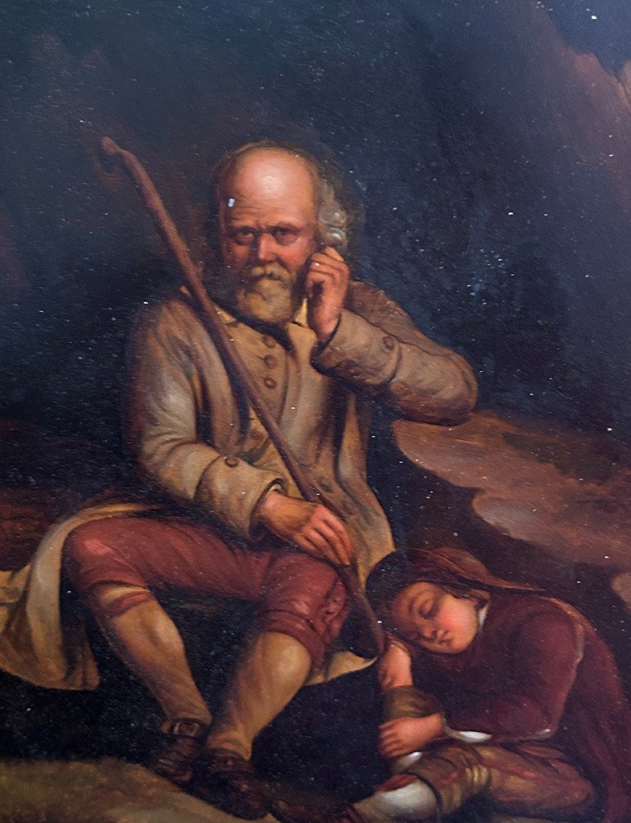 French Oil On Copper From 1800 Depicting An Elderly Man With A Beard And A Child-photo-2