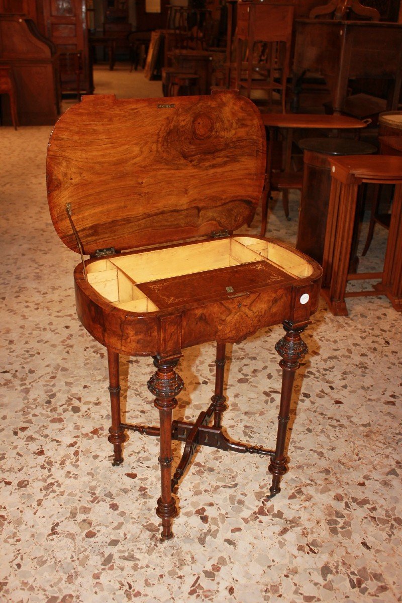 19th Century French Walnut Burl Sewing Table With Inlays-photo-3