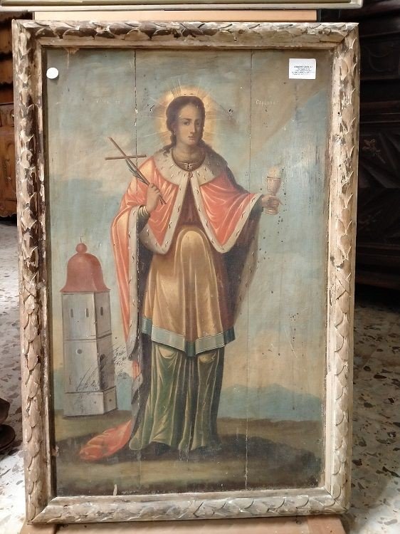 Icon Representing Santa Barbara. Depicted Holding A Crucifix With An Olive Branch In One Hand 