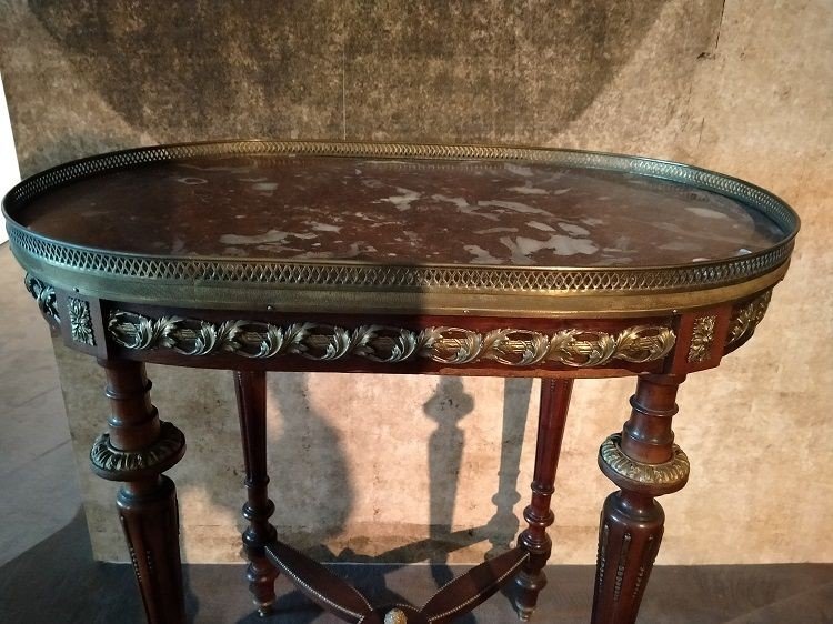 Oval Coffee Table In Mahogany Wood Enriched With Numerous Bronze Applications  -photo-2