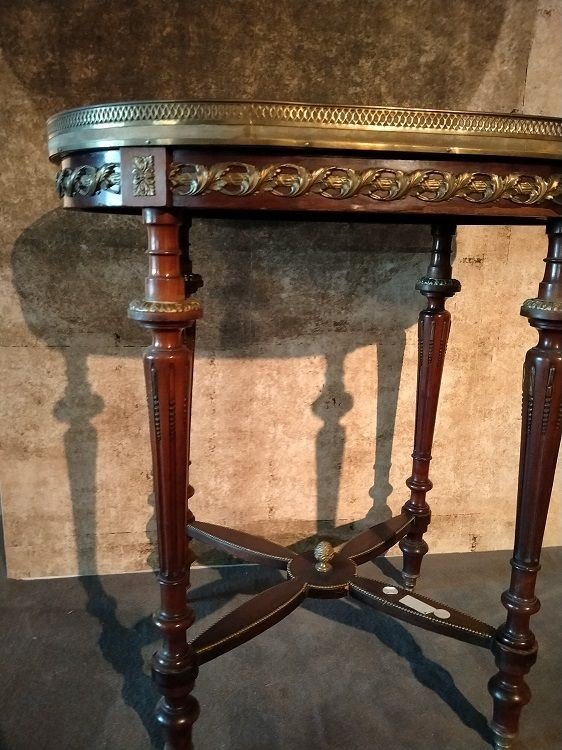 Oval Coffee Table In Mahogany Wood Enriched With Numerous Bronze Applications  -photo-3