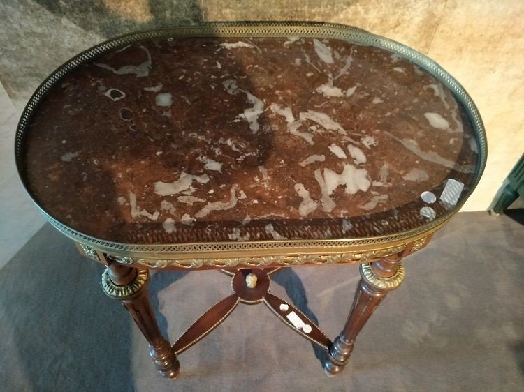 Oval Coffee Table In Mahogany Wood Enriched With Numerous Bronze Applications  -photo-4