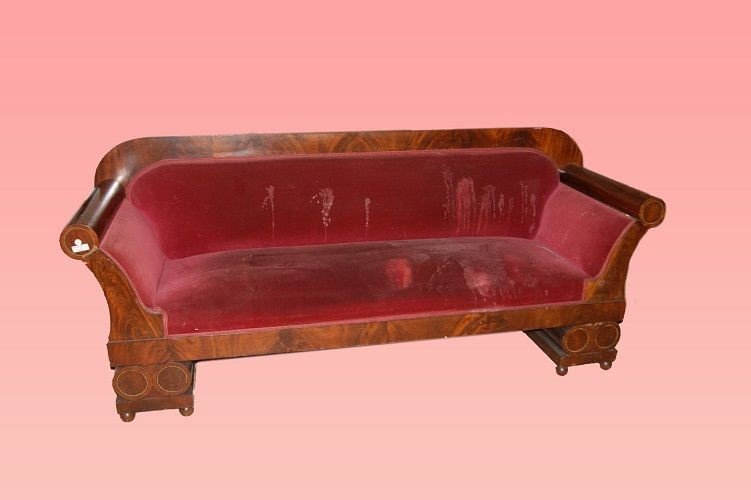 Large Russian Sofa From The First Half Of The 19th Century, Biedermeier Style, In Mahogany Wood