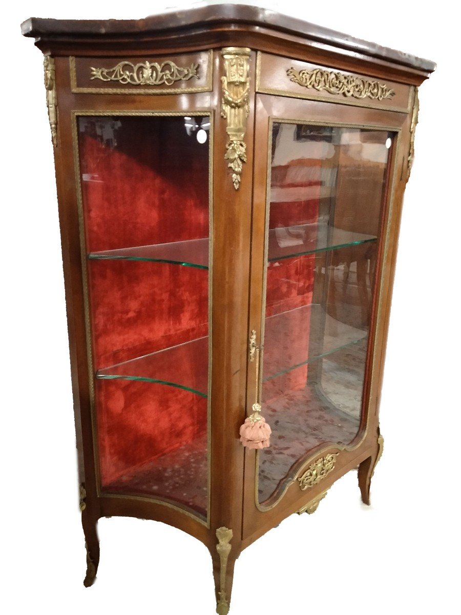 Parisian Showcase With Glass Door And Concave Glass Sides, On A Mahogany 