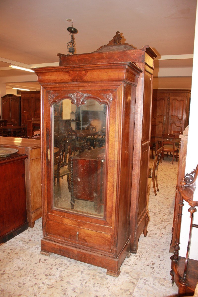 Small Louis Philippe Wardrobe With 1 Mirrored Door In Walnut Wood-photo-2
