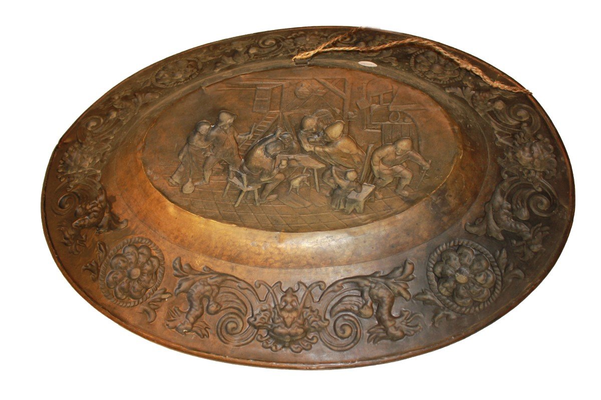 Large Copper Plate Depicting Inn Interior Scene-photo-2