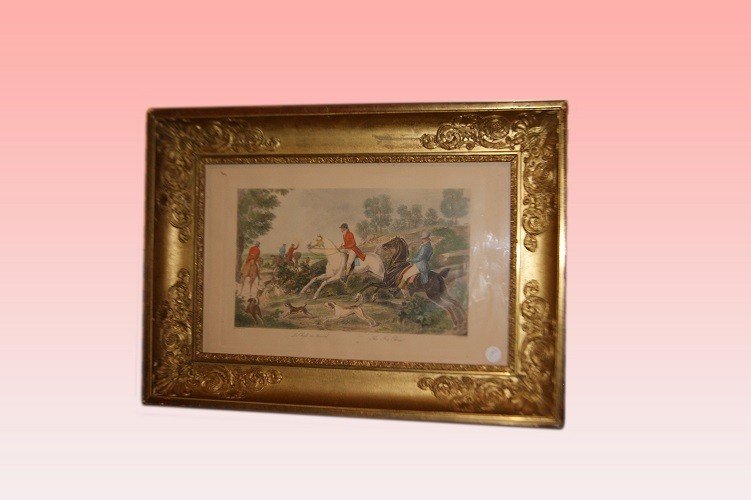 Small French Color Engraving From 1800. Depicting A Hunting Scene