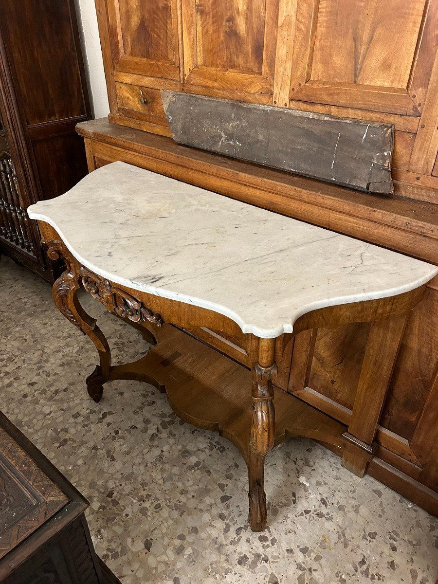 Console Italienne Style Louis Philippe En Noyer Avec Plateau En Marbre Blanc-photo-4