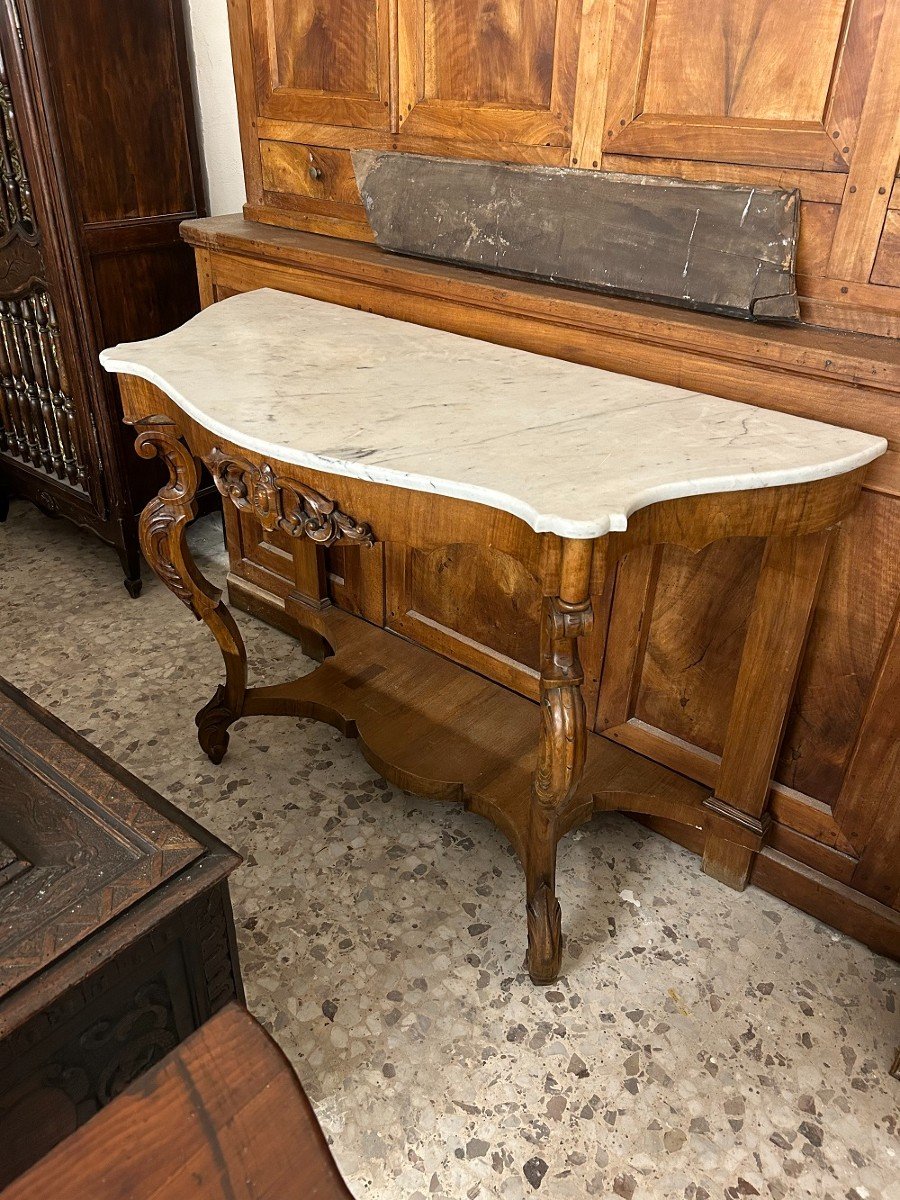 Console Italienne Style Louis Philippe En Noyer Avec Plateau En Marbre Blanc