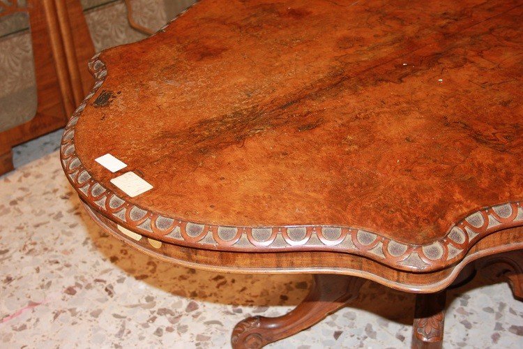 19th Century English Victorian Flame Walnut Scalloped Coffee Table-photo-2