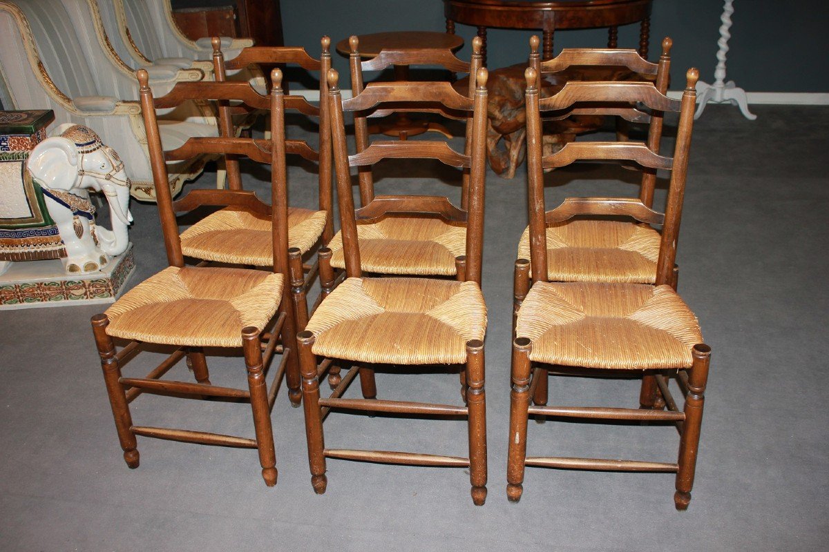 Set Of 6 Provençal Chairs In Walnut With Woven Straw Seats