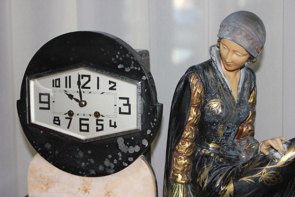 Art Deco Table Clock With Lady And Marble Base-photo-2