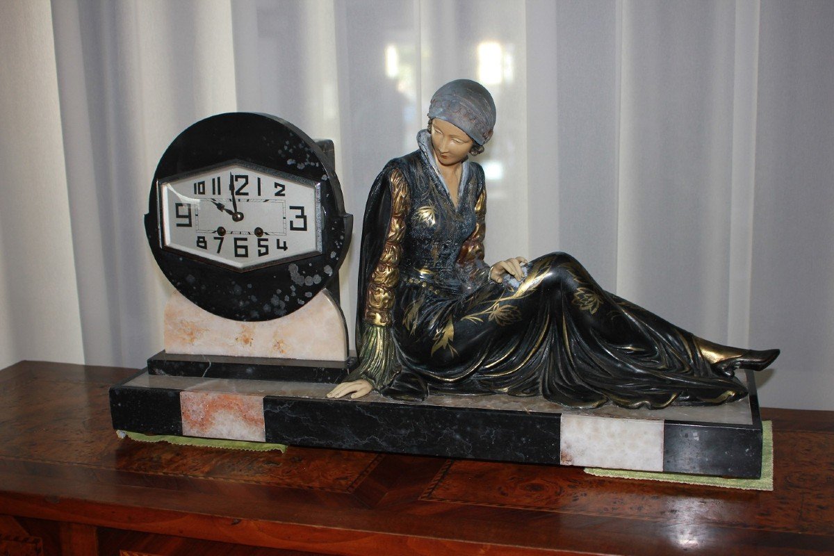 Art Deco Table Clock With Lady And Marble Base