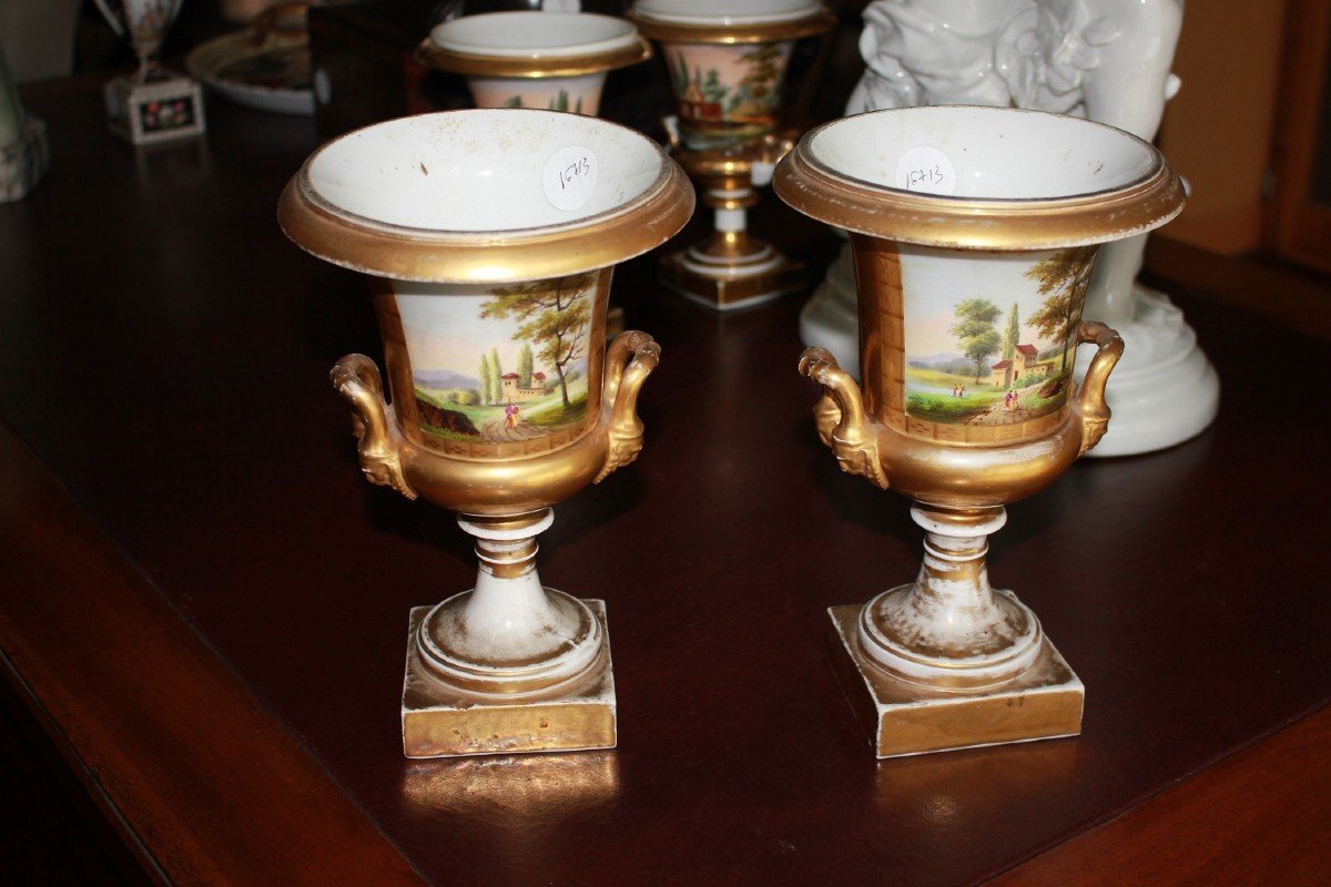 Pair Of Old Paris Porcelain Crater Vases With Landscapes And Figures