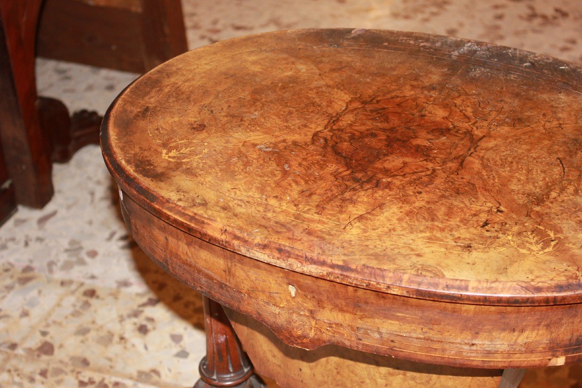 19th-century Irish Sewing Table In Walnut And Walnut Burl With Inlays-photo-2