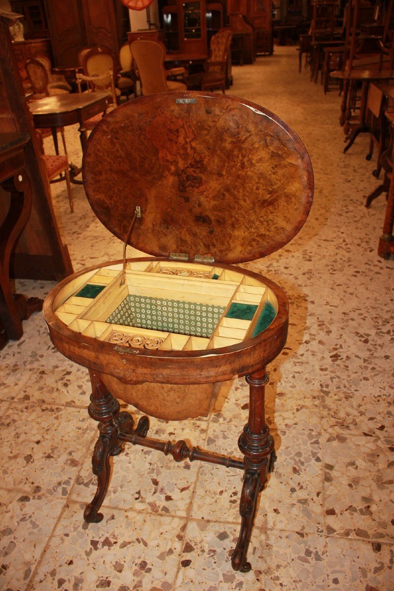 19th-century Irish Sewing Table In Walnut And Walnut Burl With Inlays-photo-2