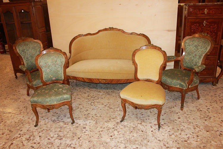 Salon Louis XV Avec Des Ornements En Bronze En Bois De Rose. Canapé, 2 Fauteuils 2 Chaises-photo-4