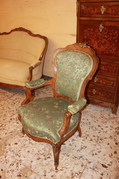 Salon Louis XV Avec Des Ornements En Bronze En Bois De Rose. Canapé, 2 Fauteuils 2 Chaises-photo-5