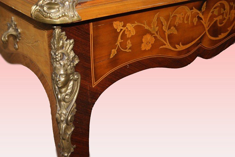 Superb French Writing Table From The First Half Of The 1800s, Louis XV Style, In Walnut -photo-4