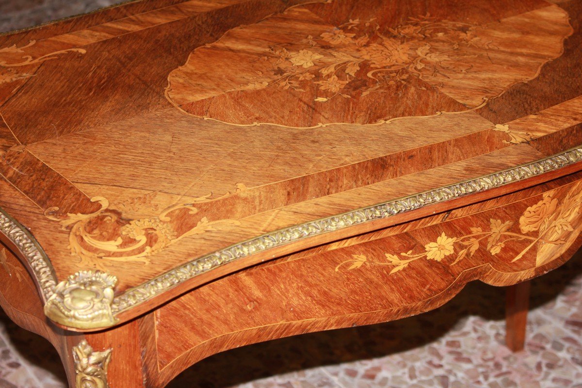 French Louis XV Style Writing Table Inlaid With Bronzes-photo-2