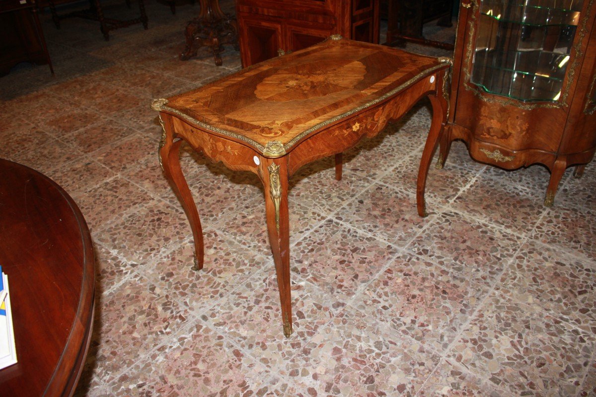 French Louis XV Style Writing Table Inlaid With Bronzes-photo-2