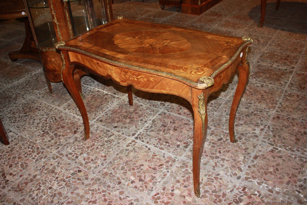 French Louis XV Style Writing Table Inlaid With Bronzes-photo-3