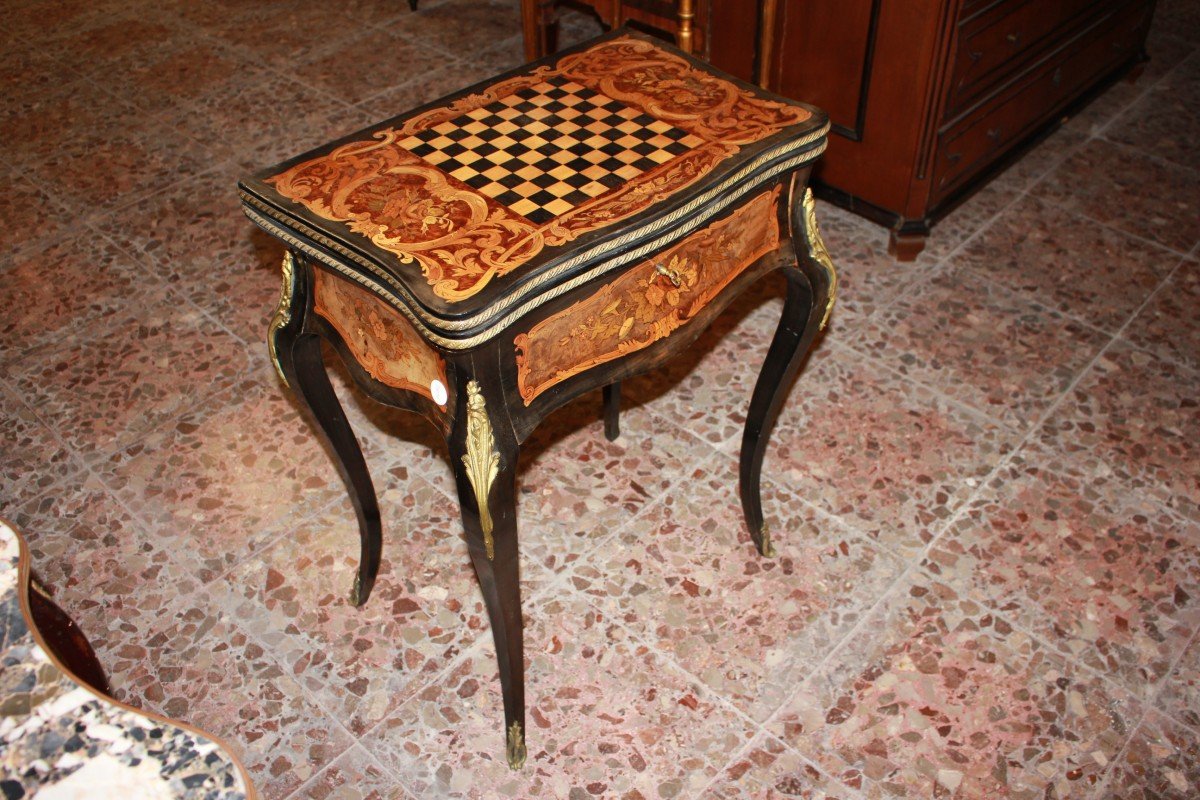 Precious French Card Table In Ebony And Elm Burl Wood-photo-2