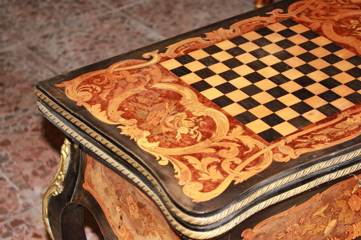 Precious French Card Table In Ebony And Elm Burl Wood-photo-3