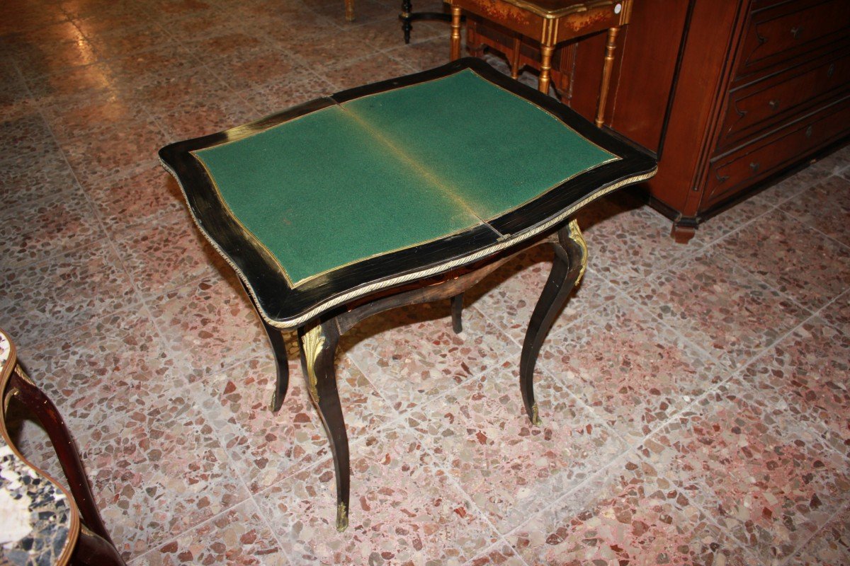 Precious French Card Table In Ebony And Elm Burl Wood-photo-2